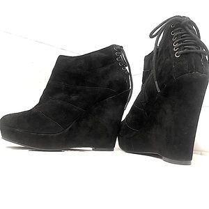 NEW Black Leather Corset Lace-Up Real Suede Goth Ankle Booties: Wedges size 8
